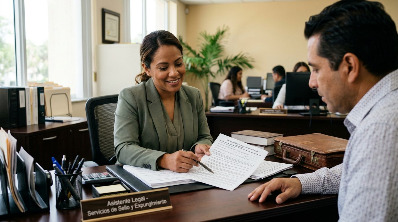 Abogado y cliente discutiendo documentos legales sobre antecedentes penales en oficina.