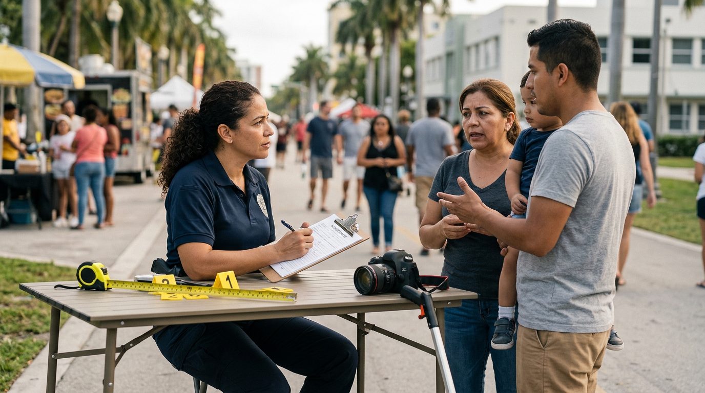 Agente de la ley toma declaraciones de testigos en una calle de Miami a plena luz del día, con equipo fotográfico sobre una mesa cercana.