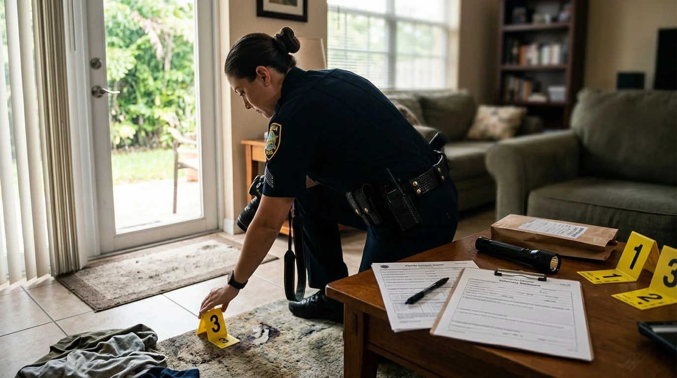 An officer photographs a home and takes a statement, with incident forms and evidence markers on a nearby surface.