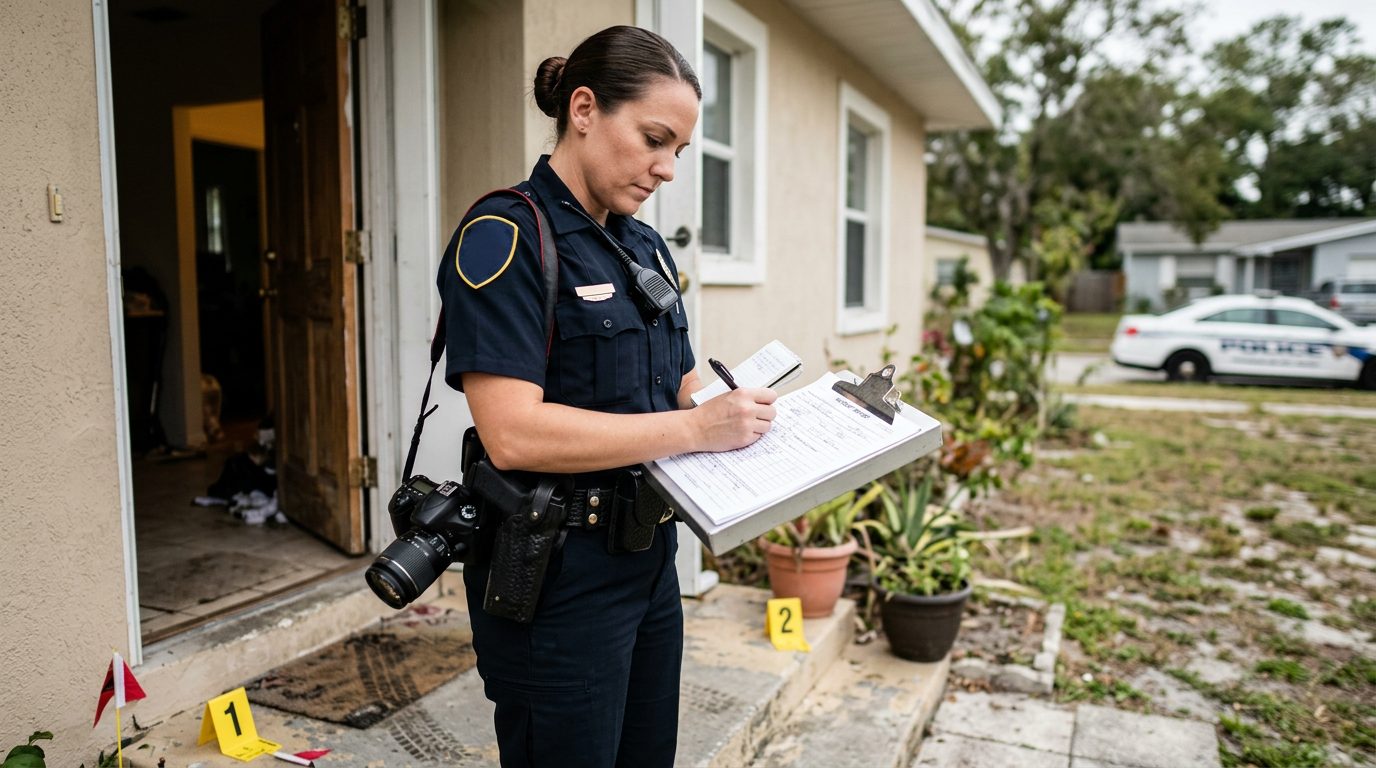 Un agente de policía fotografía pruebas en la puerta de una vivienda, con formularios de informe de incidente visibles cerca.