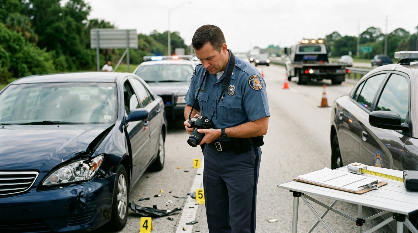 Un agente de policía fotografía el daño de un vehículo y marcadores de evidencia en una escena de accidente en la autopista de día.