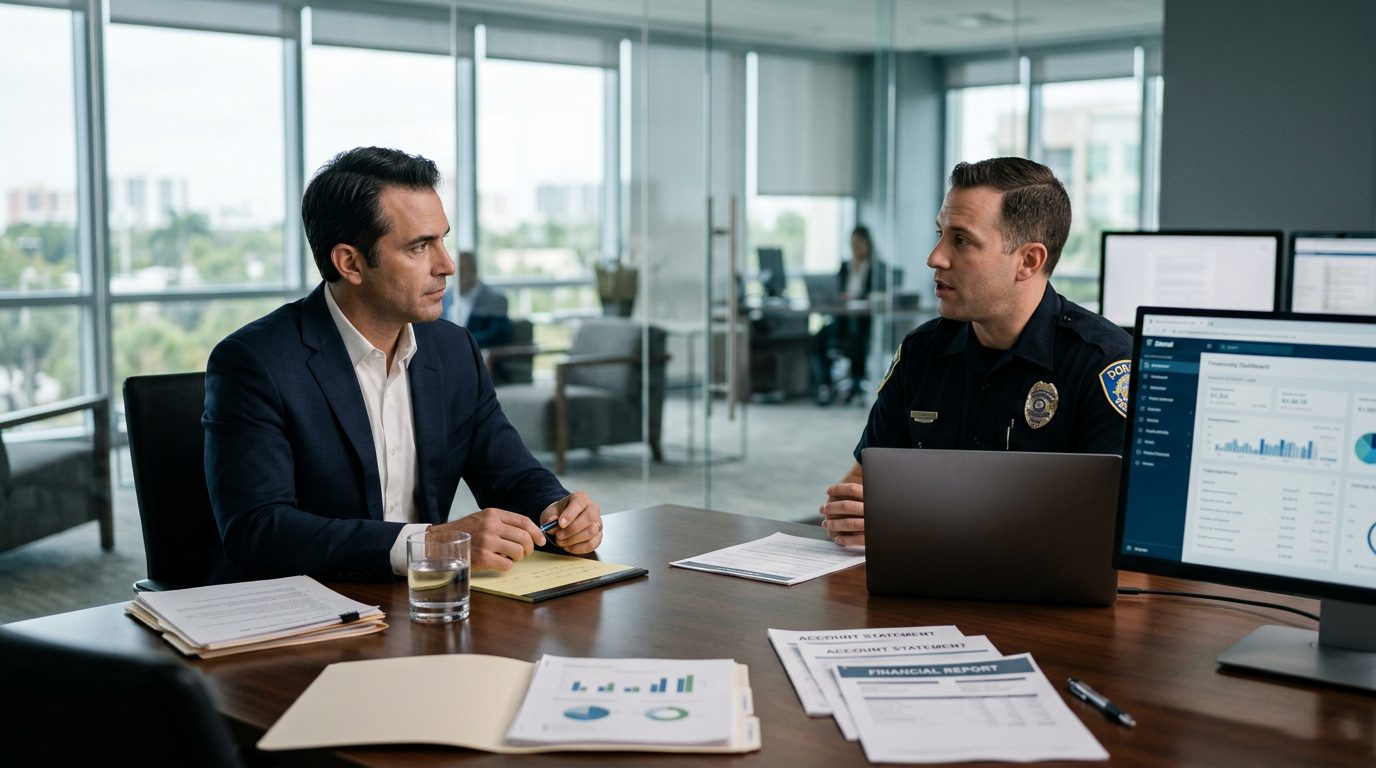 Attorney consulting with client in professional office conference room.