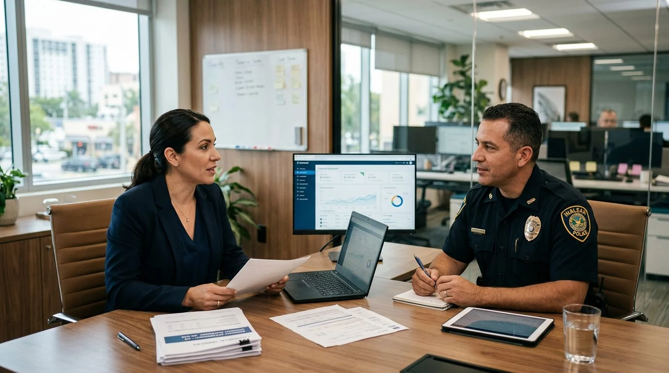 Attorney consulting with client in professional office conference room.