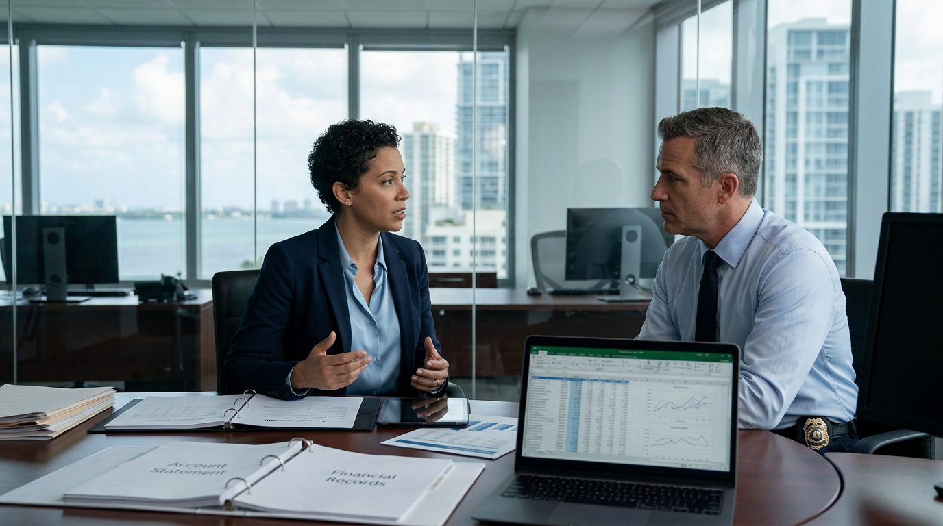 Attorney consulting with law enforcement officer in financial services conference room with computer terminals and documents.