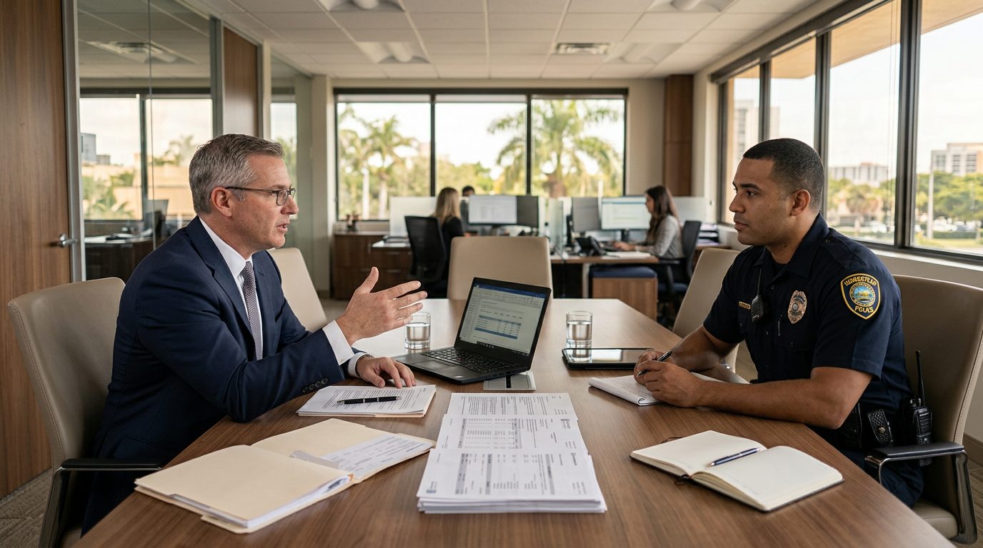 Attorney consulting with law enforcement officer in financial services conference room.