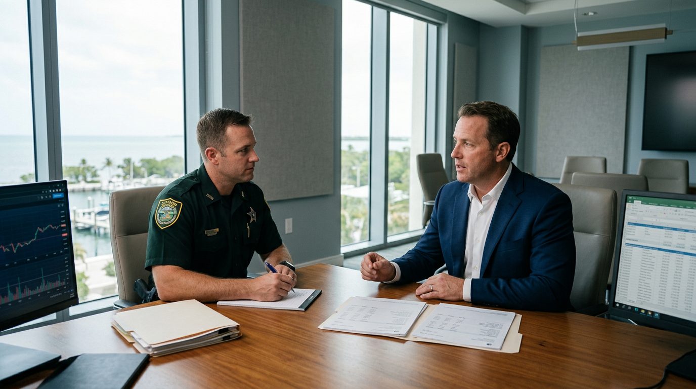 Attorney consulting with law enforcement officer in financial services conference room.