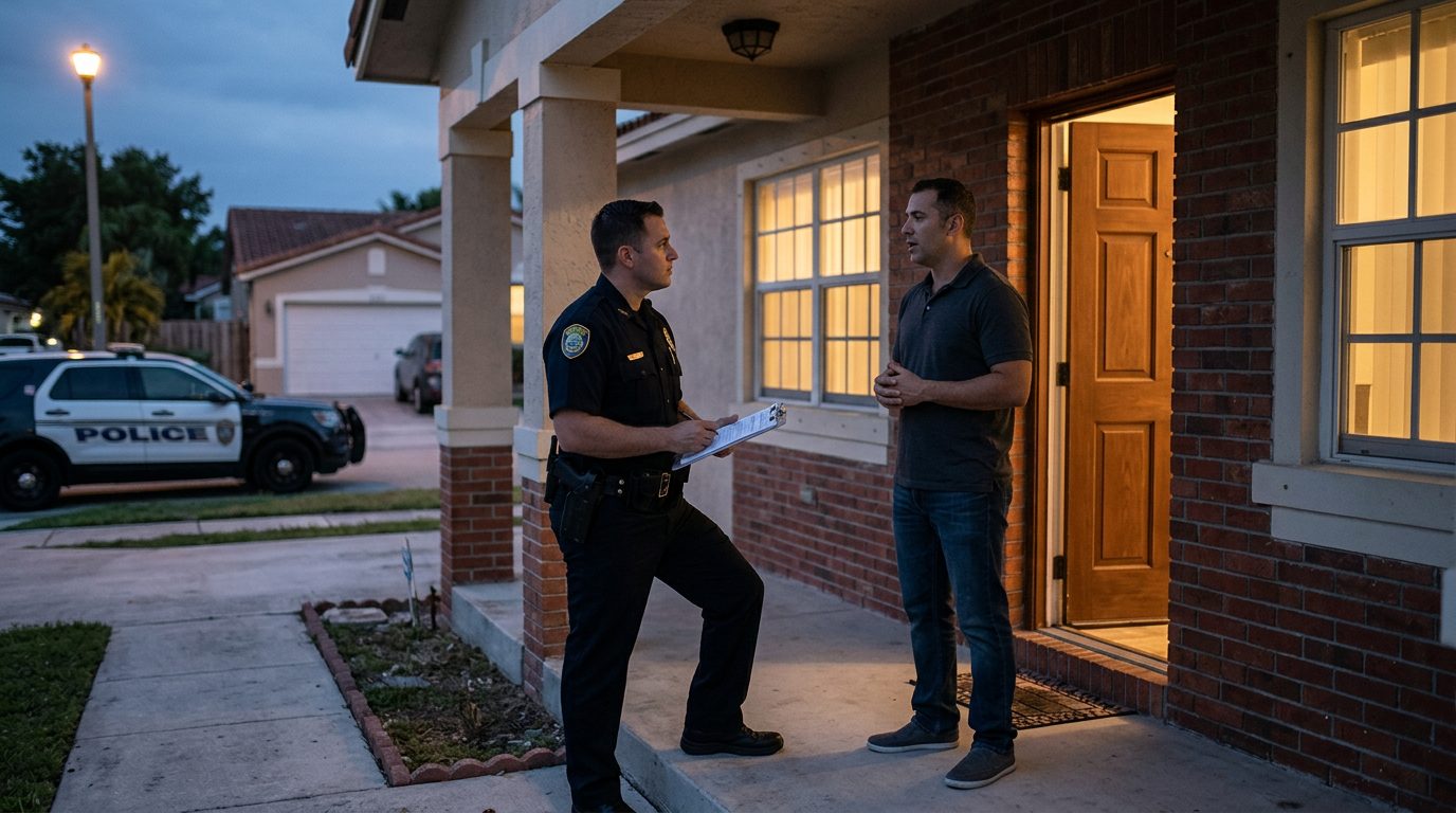 Attorney discussing case with police officer on residential porch at dusk.