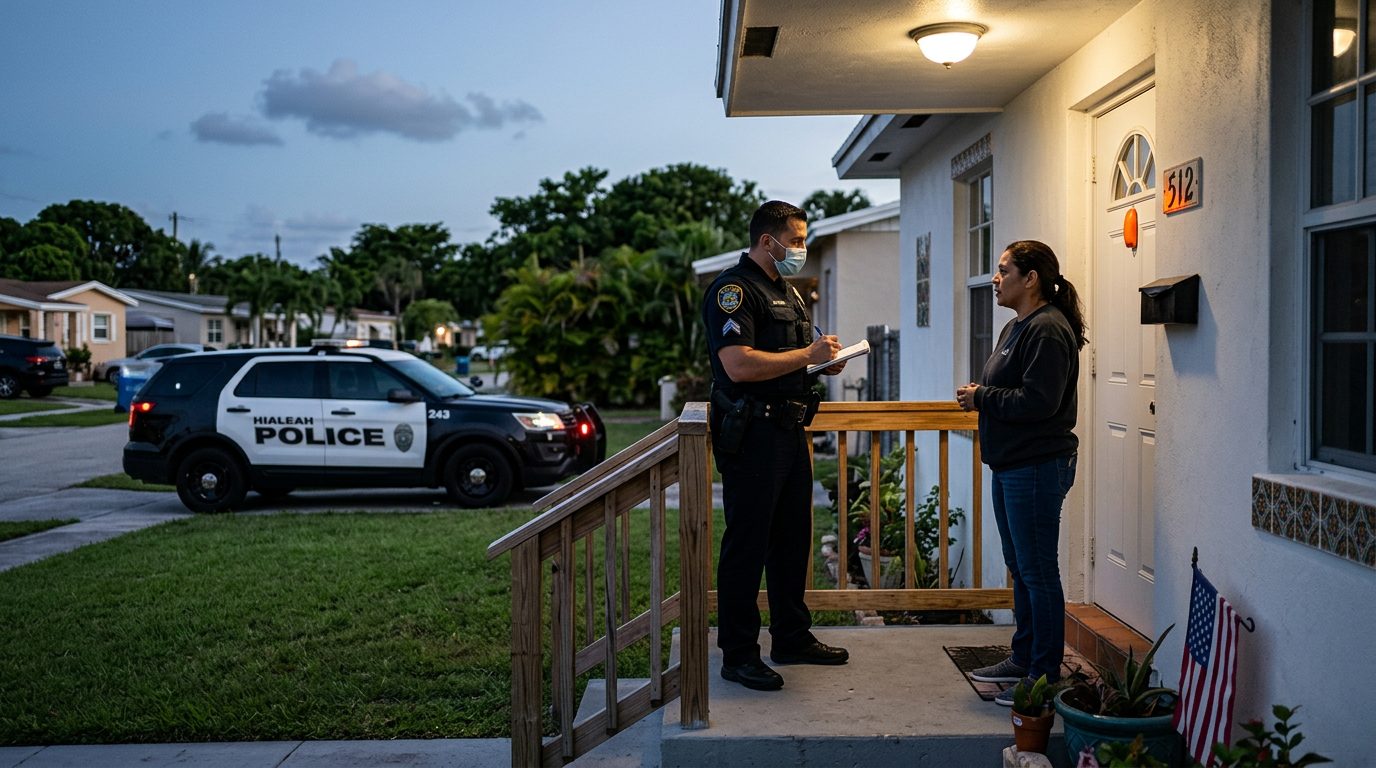 Attorney speaking with police officer on residential porch during domestic violence investigation.