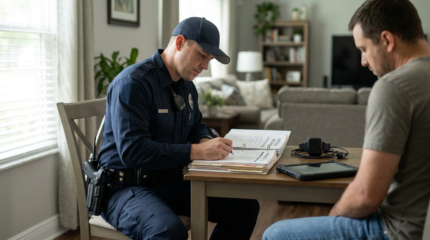 Bond on Probation Violation Florida | Patrick Wilson Law. a law enforcement officer conducting a home visit and documenting probation compliance records at a residential address during daytime, with monitoring equipment and visit logs visible