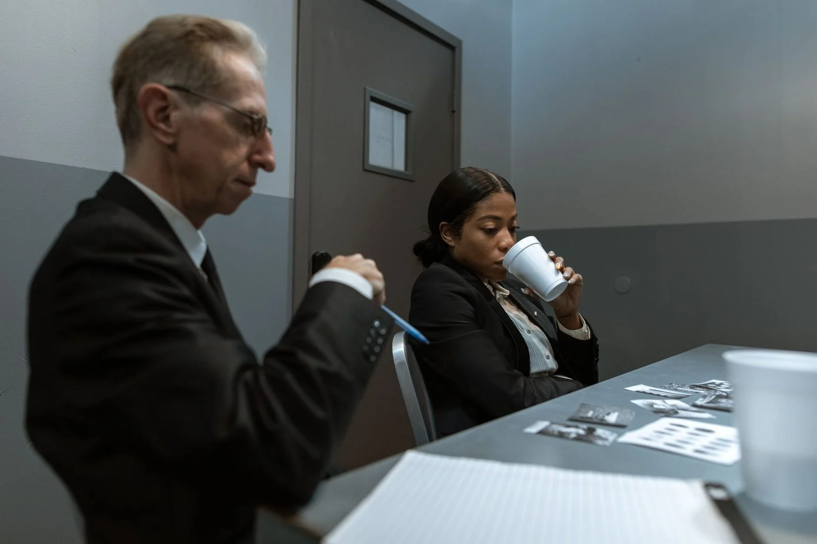 Business attorneys reviewing legal documents at a conference table.