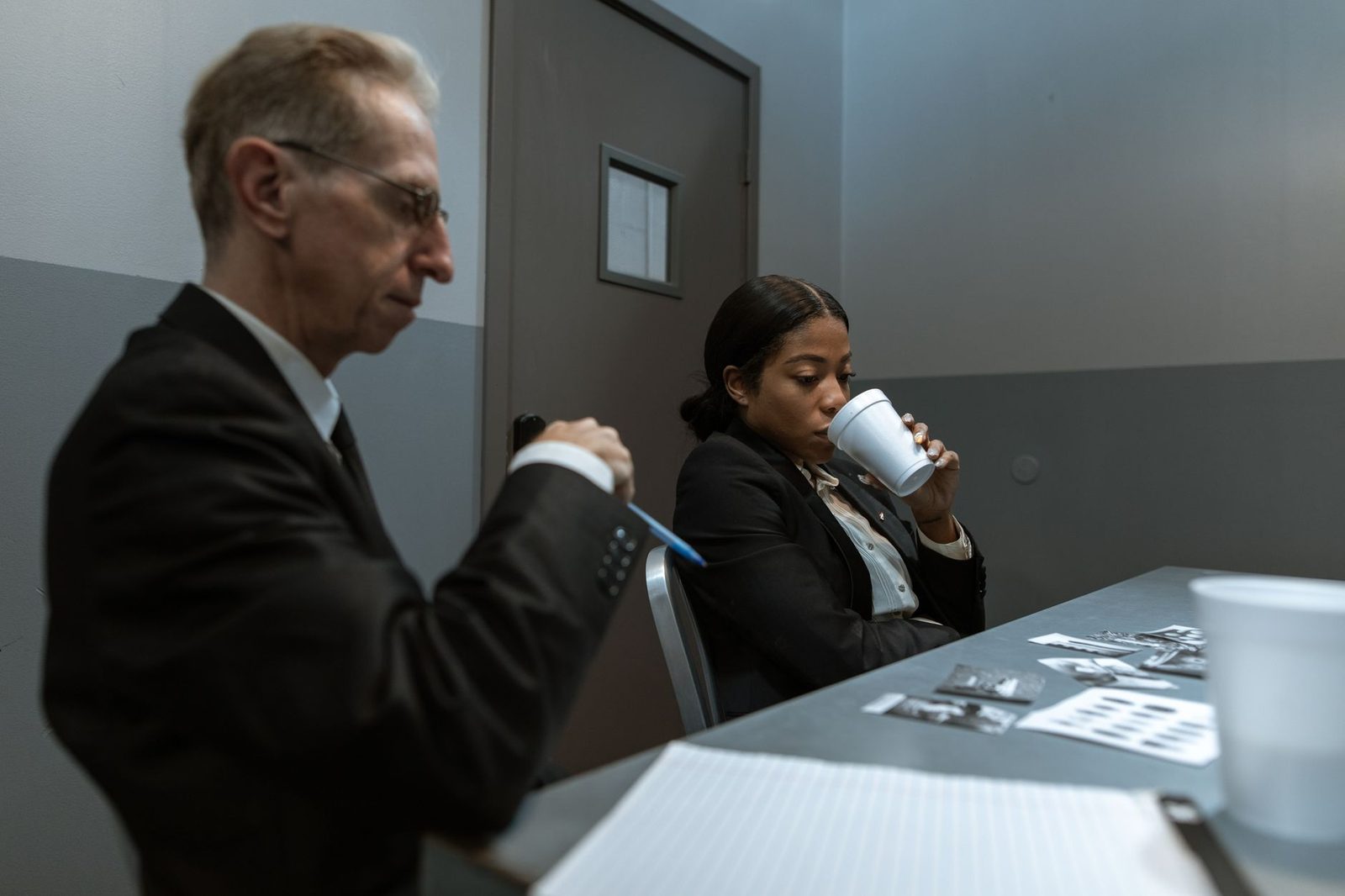 Business professionals reviewing legal documents at a table.