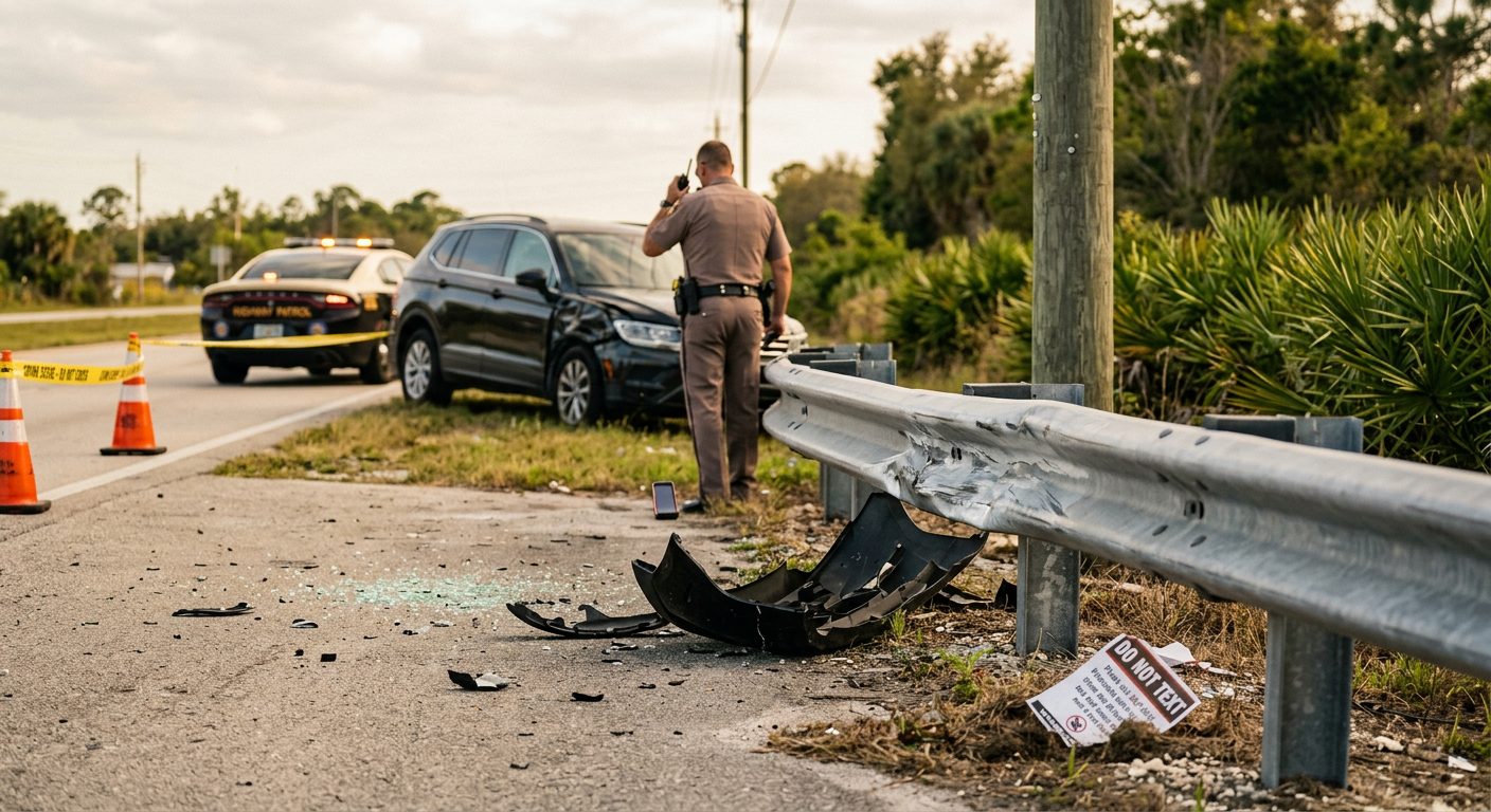 Primer plano del volante y el tablero de un coche en una carretera de Florida, con un teléfono sujeto en la consola.