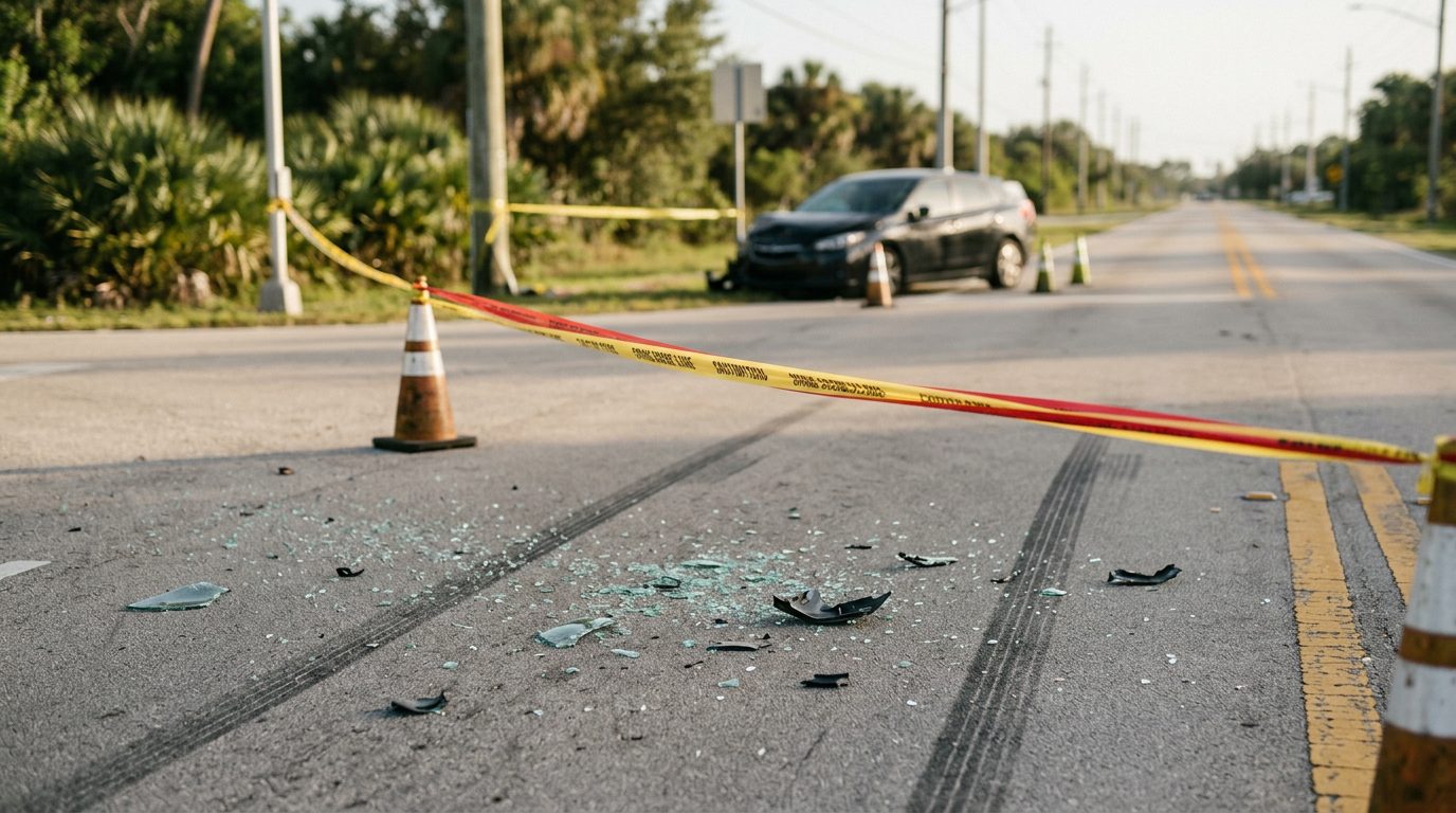 Close-up of a dented car bumper on a quiet Florida roadway, with no people in view.