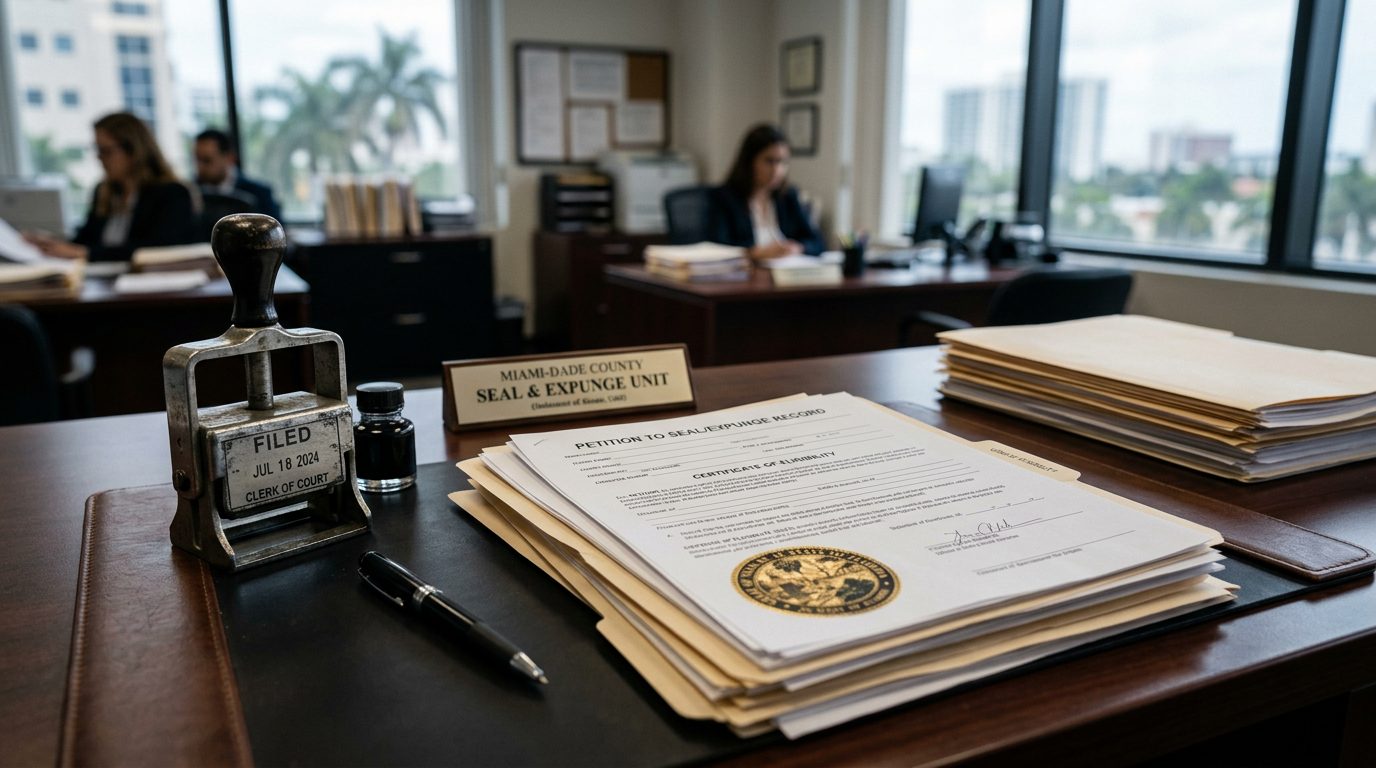 Primer plano de un escritorio con una carpeta manila, un bolígrafo y un calendario para seguir los plazos de sellado de antecedentes en Miami.