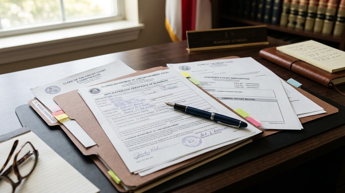 Primer plano de un escritorio con formularios legales, una pluma y un mazo junto a un documento con el sello del estado de Florida.