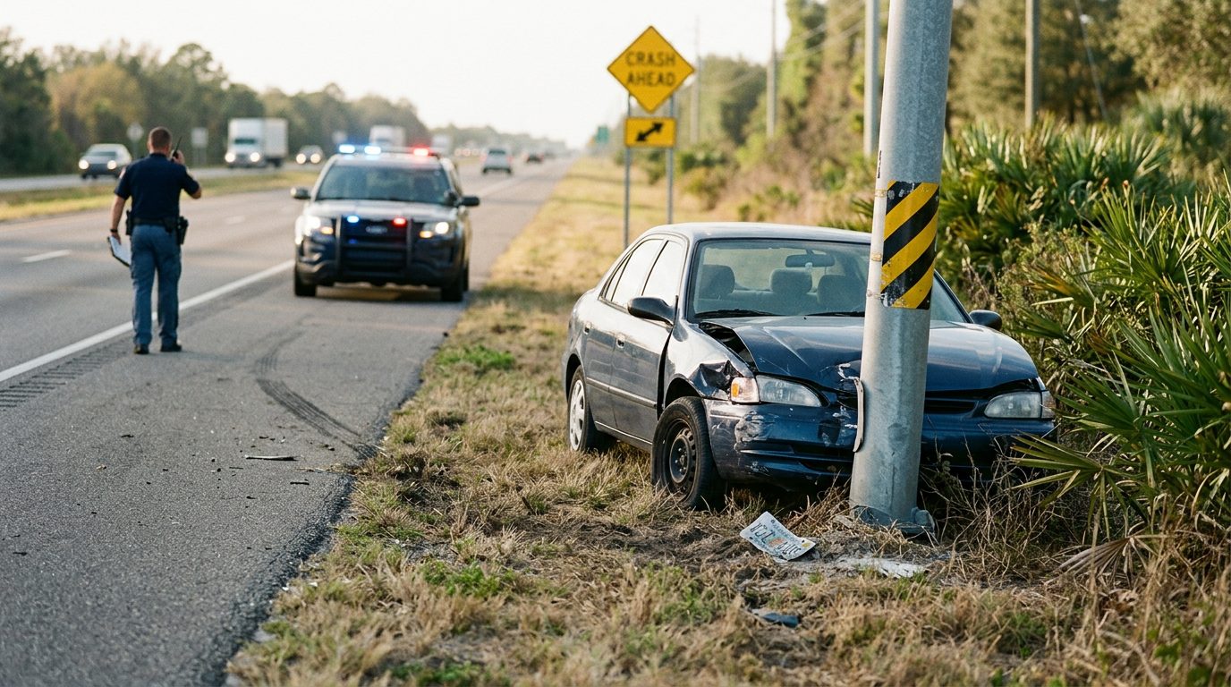 Close-up of a Florida roadway at dusk with a speed limit sign, guardrail, and tire marks on the asphalt, no people visible.