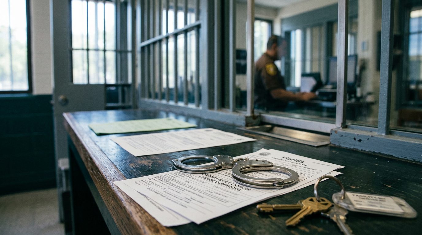 Un primer plano de un mazo de juez y documentos legales junto a una licencia de conducir sobre un escritorio de tribunal en Florida.