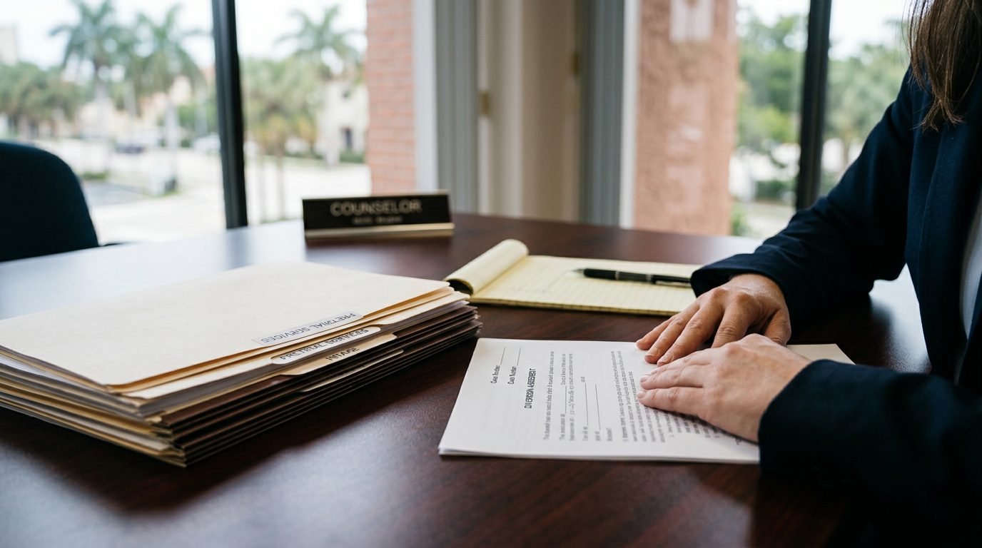 Close-up of a legal document and wooden gavel on a desk in a courthouse setting.