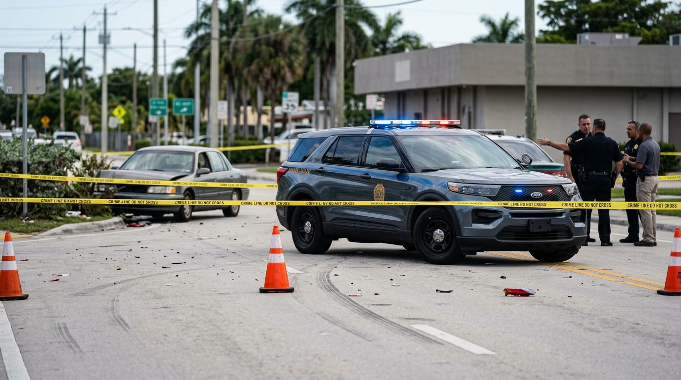 Calle de Miami al atardecer con un semáforo, autos estacionados y una licencia de conducir suspendida sobre una mesa.