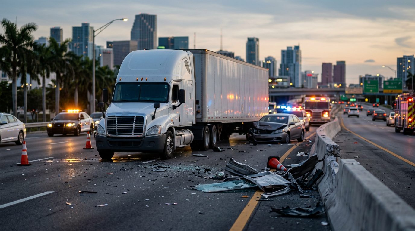 Close-up of a Miami roadway with a commercial truck's cab and a legal document on a desk, suggesting CDL disqualification paperwork.