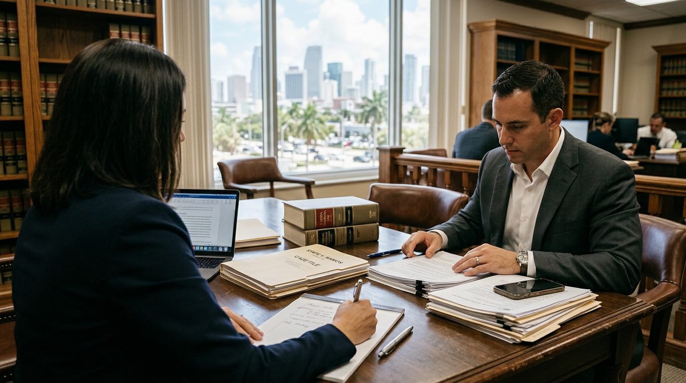 Primer plano de una mesa de madera de sala de tribunal con libros de derecho y un mazo en Miami.