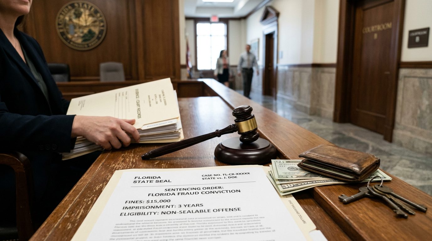 Close-up of a wooden gavel resting on legal documents and a calculator in a courtroom setting.