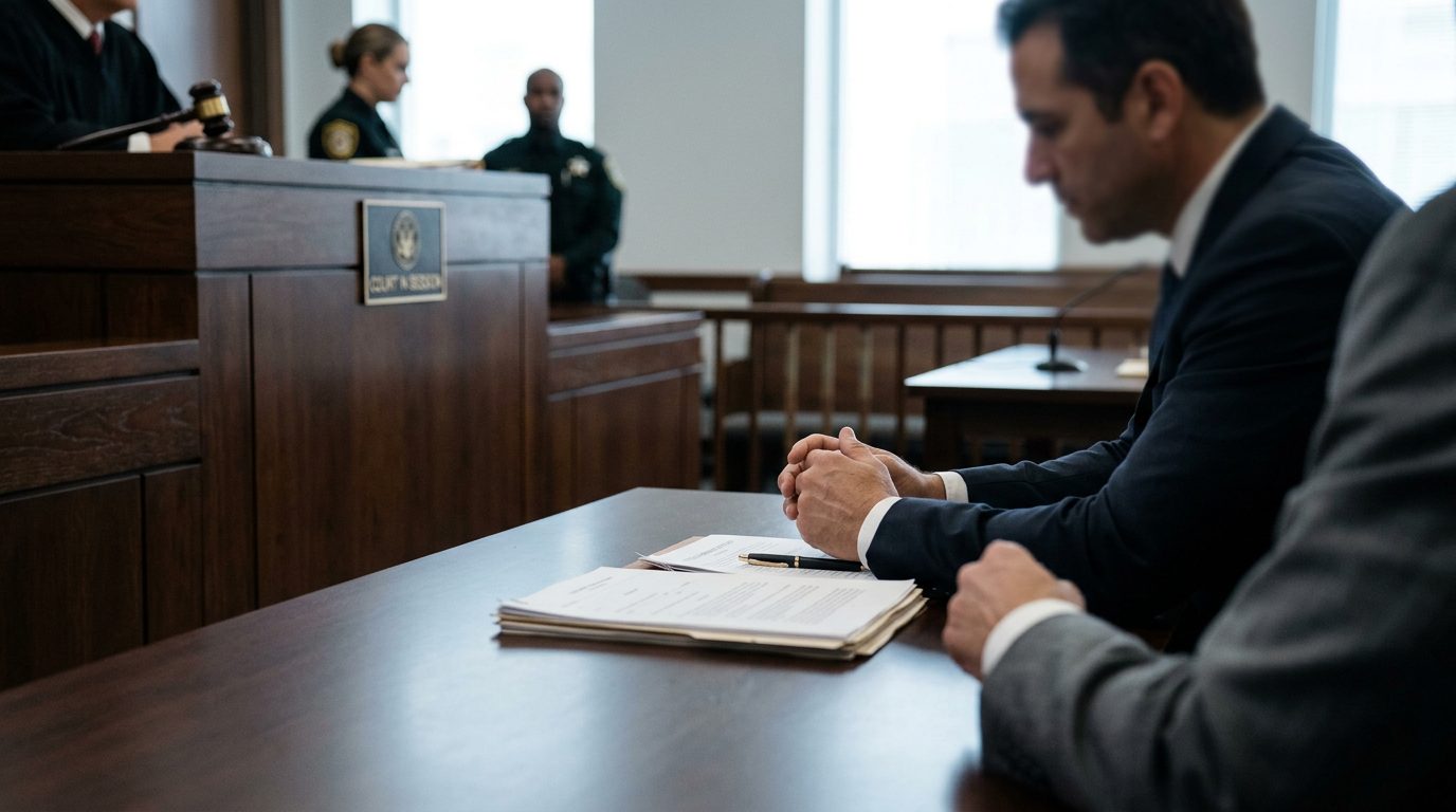 Close-up of legal documents and a pen on a wooden table in a courthouse setting.