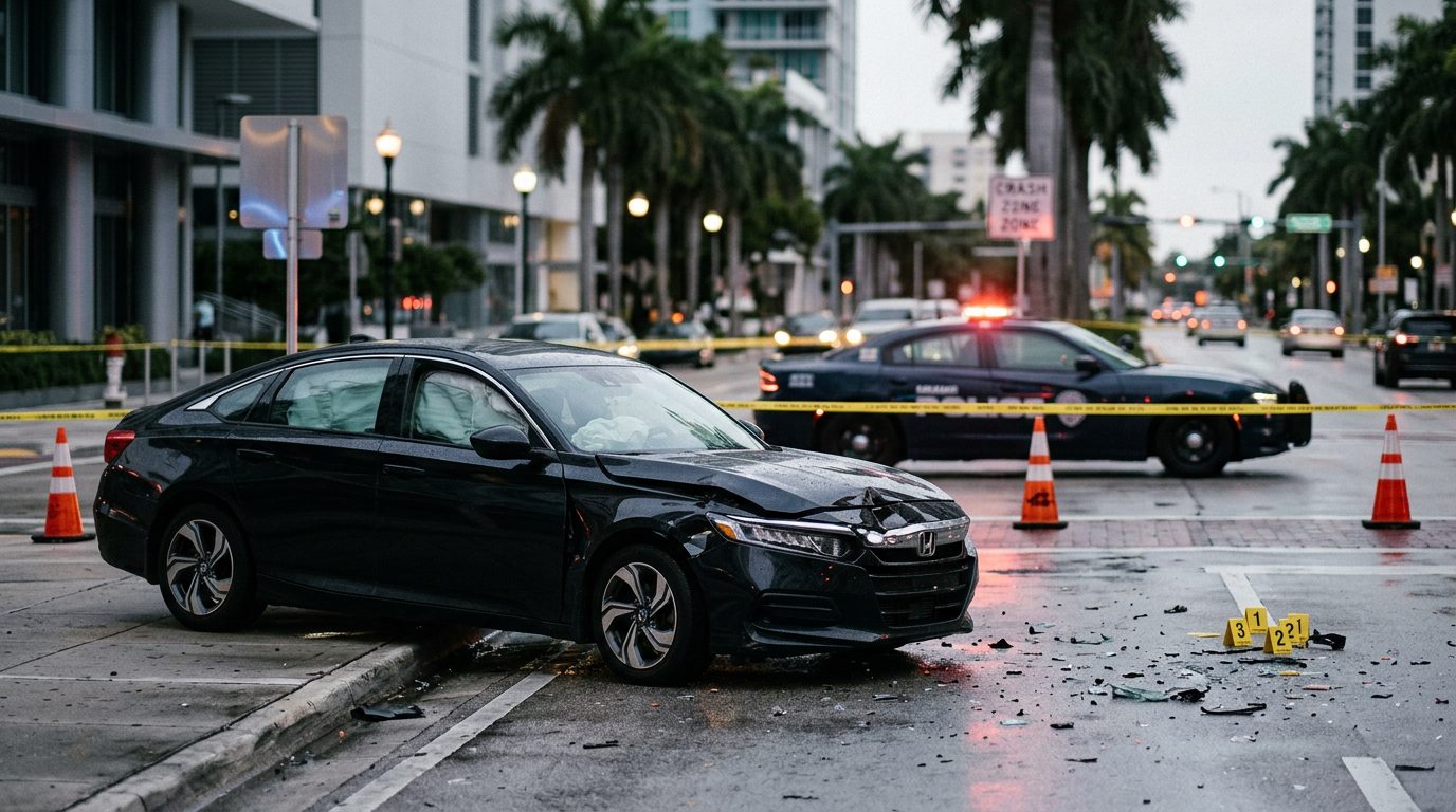 Calle de Miami al atardecer, con un coche dañado estacionado junto a conos naranjas de tráfico.