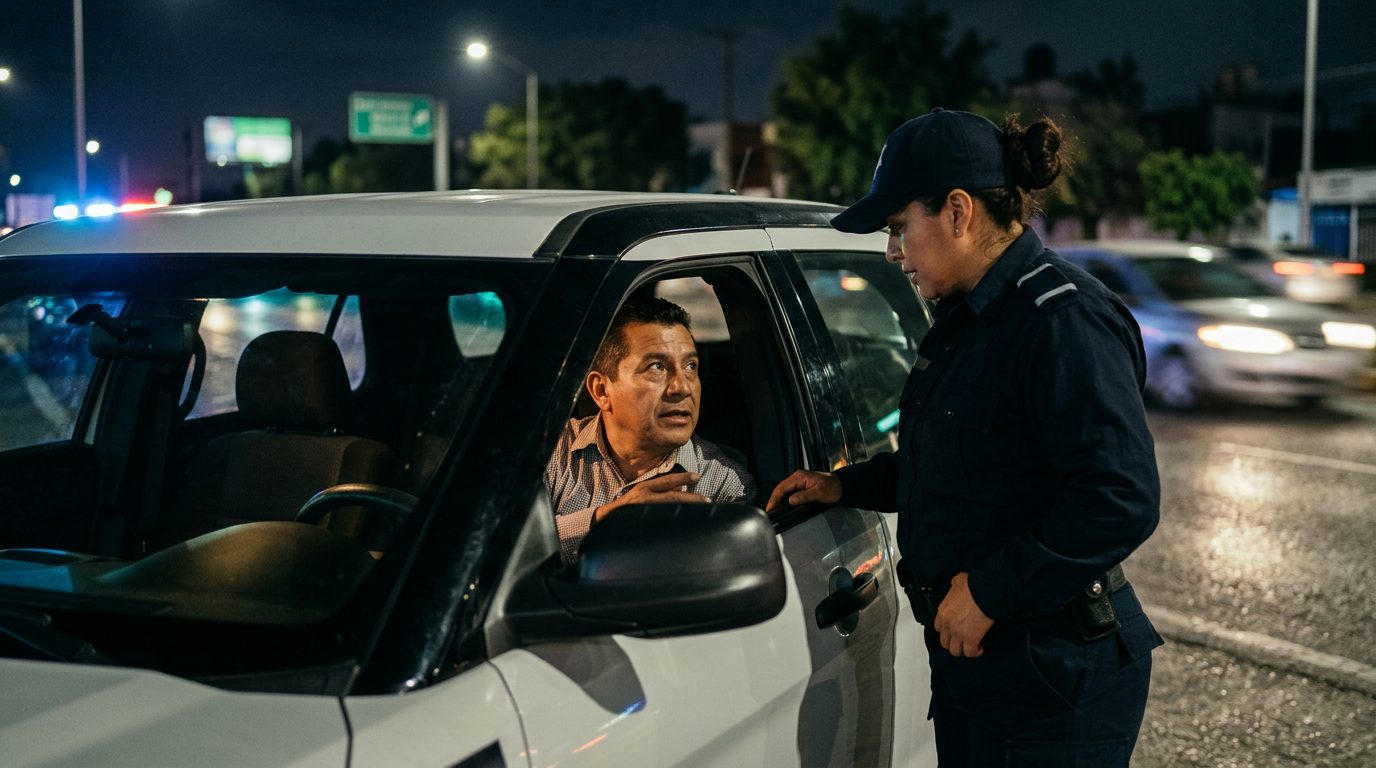 Conductor conversando con oficial de policía durante control nocturno de tránsito.