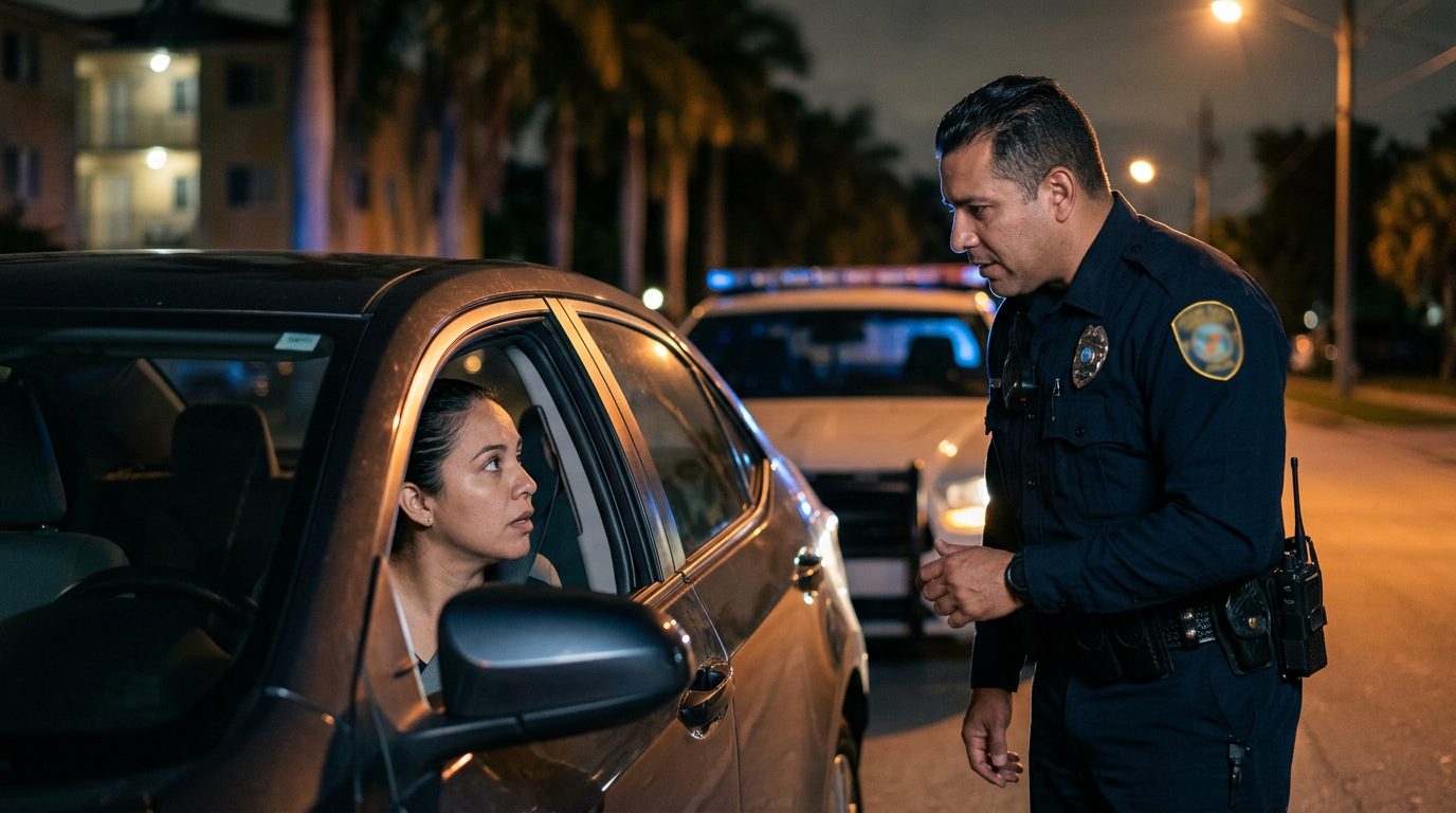 Conductor conversando con oficial de policía durante parada nocturna de tráfico.