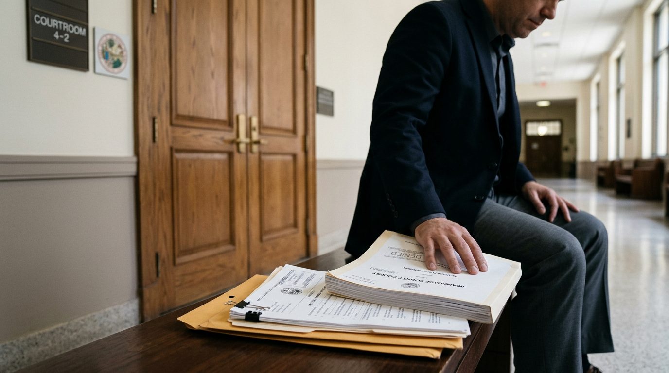Courthouse steps and legal documents on a desk, representing expungement petition risks in Miami, Florida.