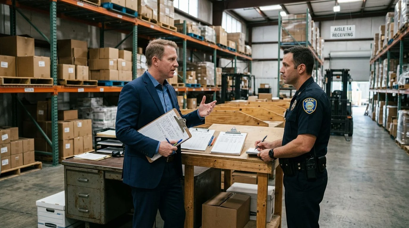 Defense attorney discussing case details with officer at warehouse theft investigation scene.
