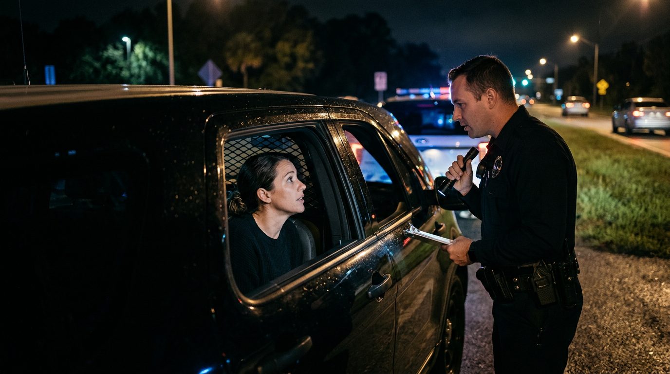 Conductor hablando con un agente a través de la ventanilla de un coche patrulla durante una parada de tráfico nocturna.