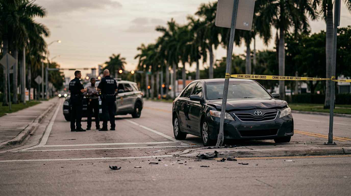 Calle vacía de Miami al atardecer, con una barrera de seguridad dañada y marcas de frenado en el asfalto.