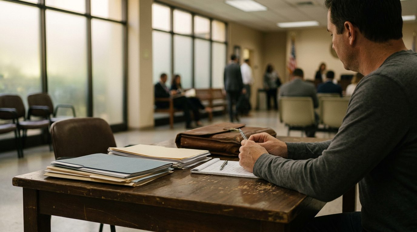 Empty courtroom with wooden benches and a witness stand, suggesting the court process after a new criminal charge.