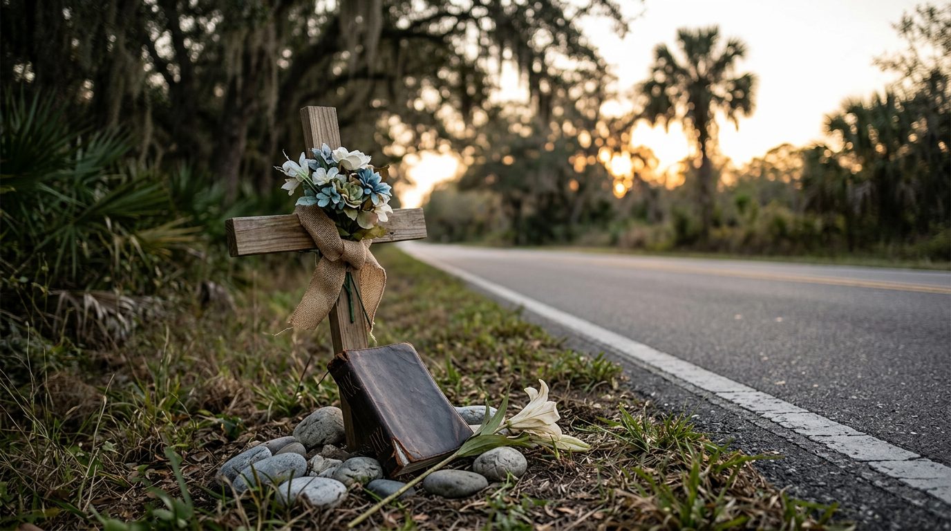 Arcén vacío de una carretera de Florida al atardecer, con una barrera metálica y restos dispersos sobre el asfalto.
