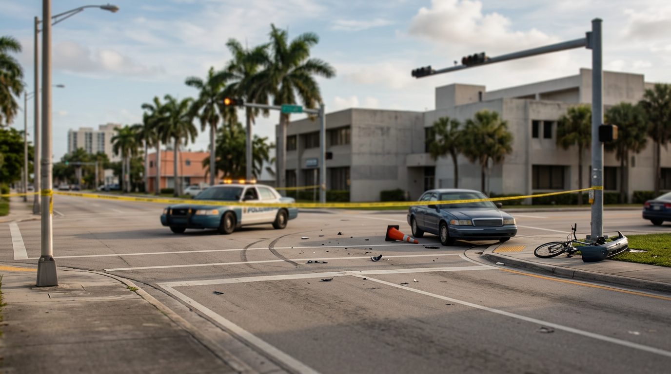 Intersección vacía de una calle de Miami con semáforo y autos estacionados bajo la luz del día.