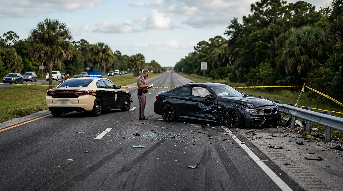 Sedán plateado dañado y escombros dispersos junto a la barandilla en una carretera vacía de Miami al atardecer.
