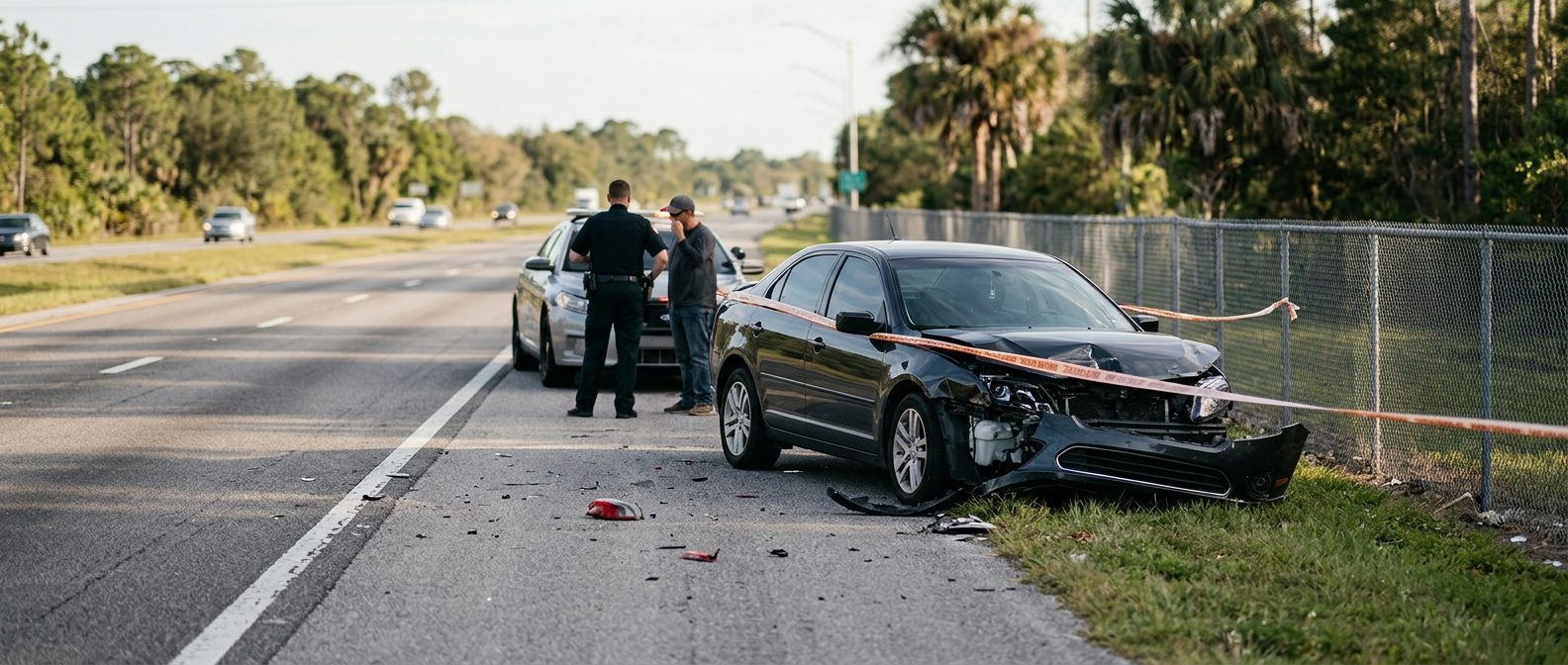 Carretera vacía en Miami al atardecer, con una barrera de seguridad dañada y marcas de frenado en el asfalto.