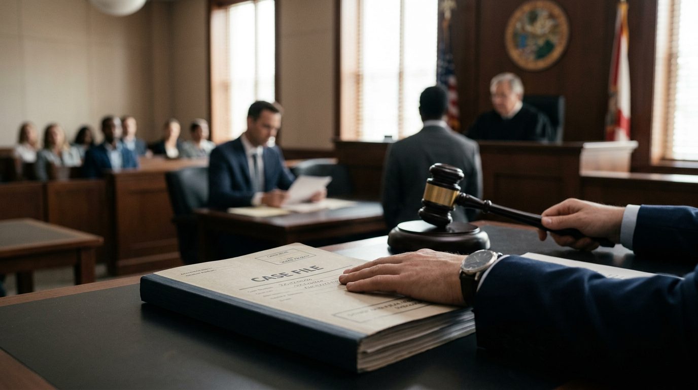 Exterior de un juzgado en Florida, con un mazo y documentos legales sobre un escritorio en primer plano.