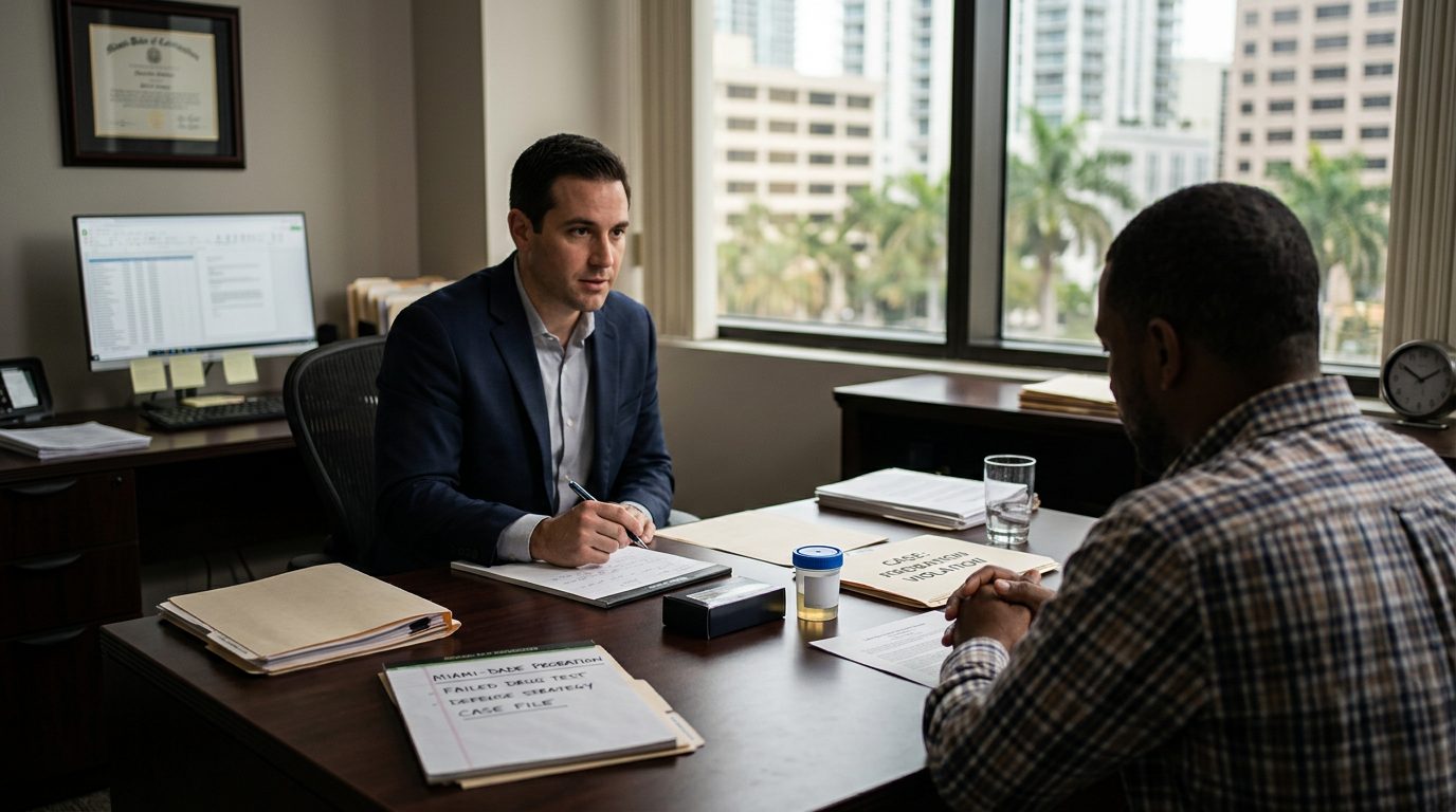 Failed Drug Test Probation: Miami-Dade Defense Options. a realistic, non-graphic photo of the setting of failed drug test probation miami dade defense options: the place and the objects involved, no injured people, no medical equipment, no wheelchairs or walkers