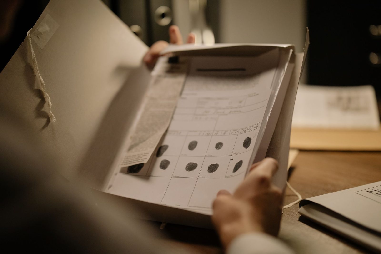 Fingerprint document in open folder for criminal record legal proceedings.
