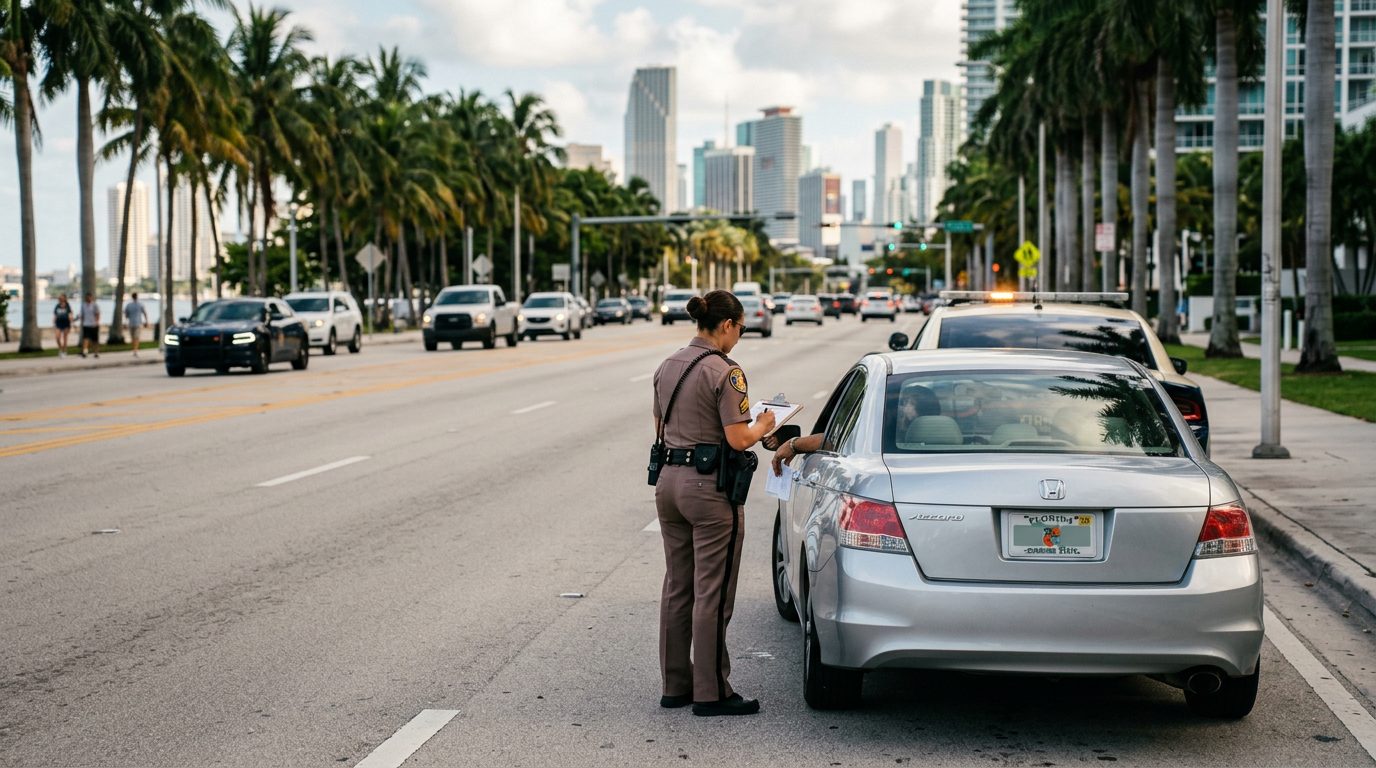 Florida driver's license and paperwork on a desk, related to license suspension in Miami.
