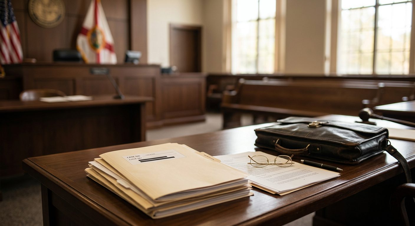 Gavel resting on legal documents on a wooden table in a courtroom setting.