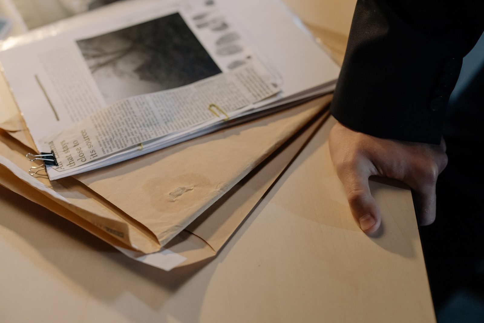 Hand on desk next to investigation documents and newspaper clippings.