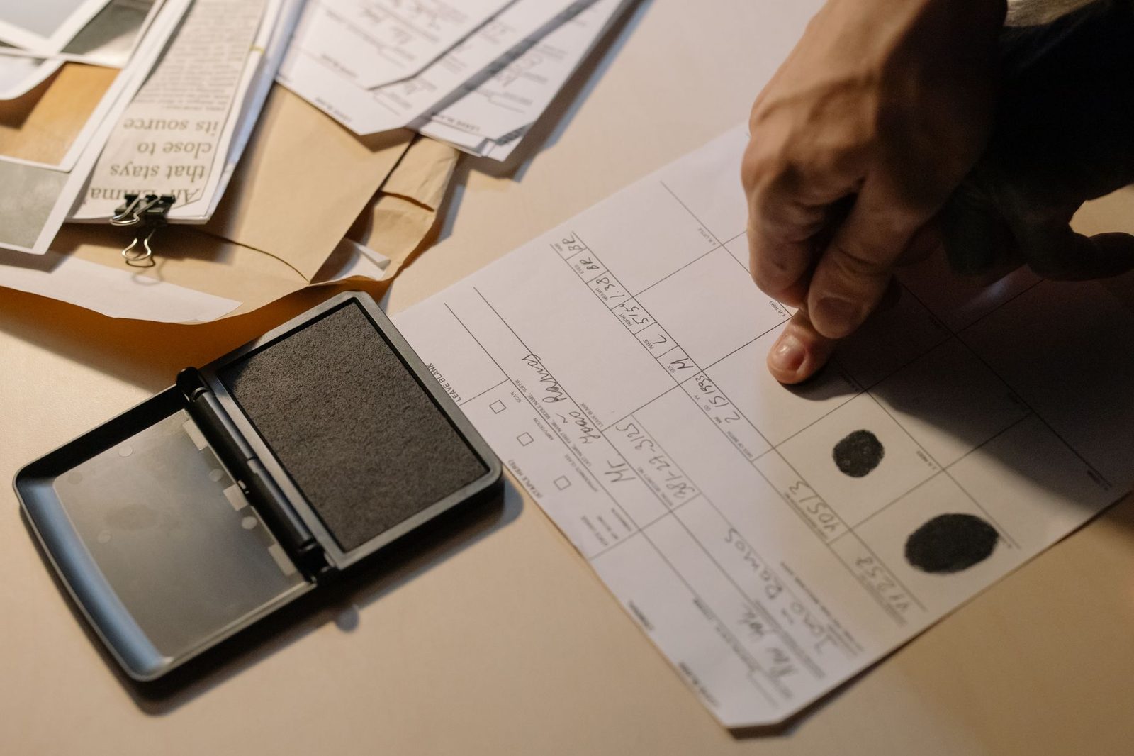 Hand pressing a fingerprint onto a document beside an ink pad on a desk.