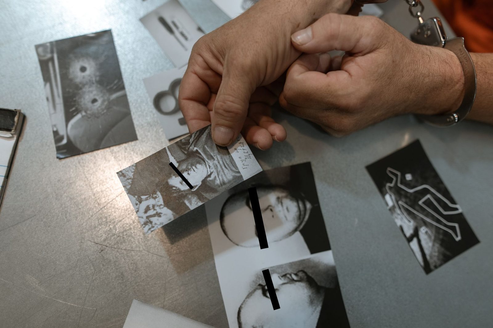 Close-up of a person in handcuffs looking over crime scene photos spread across a table.