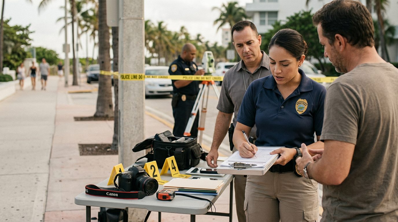 How to Defend a Sexual Assault Case in Miami-Dade. a law enforcement officer documenting witness statements and incident reports at a public venue or street location during daylight, with measurement tools and photographic equipment visible on a nearby table