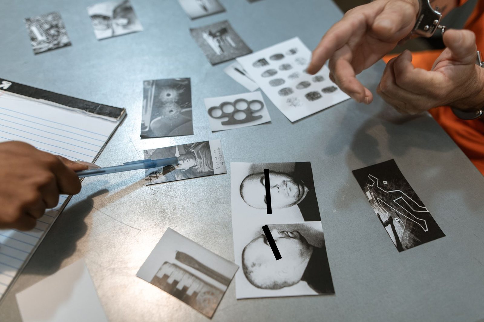 Detectives revisan fotografías de evidencia y datos de un sospechoso sobre una mesa durante una investigación.