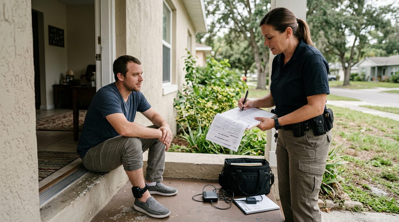 Law enforcement officer conducting a home visit to check probation compliance records and monitoring equipment.